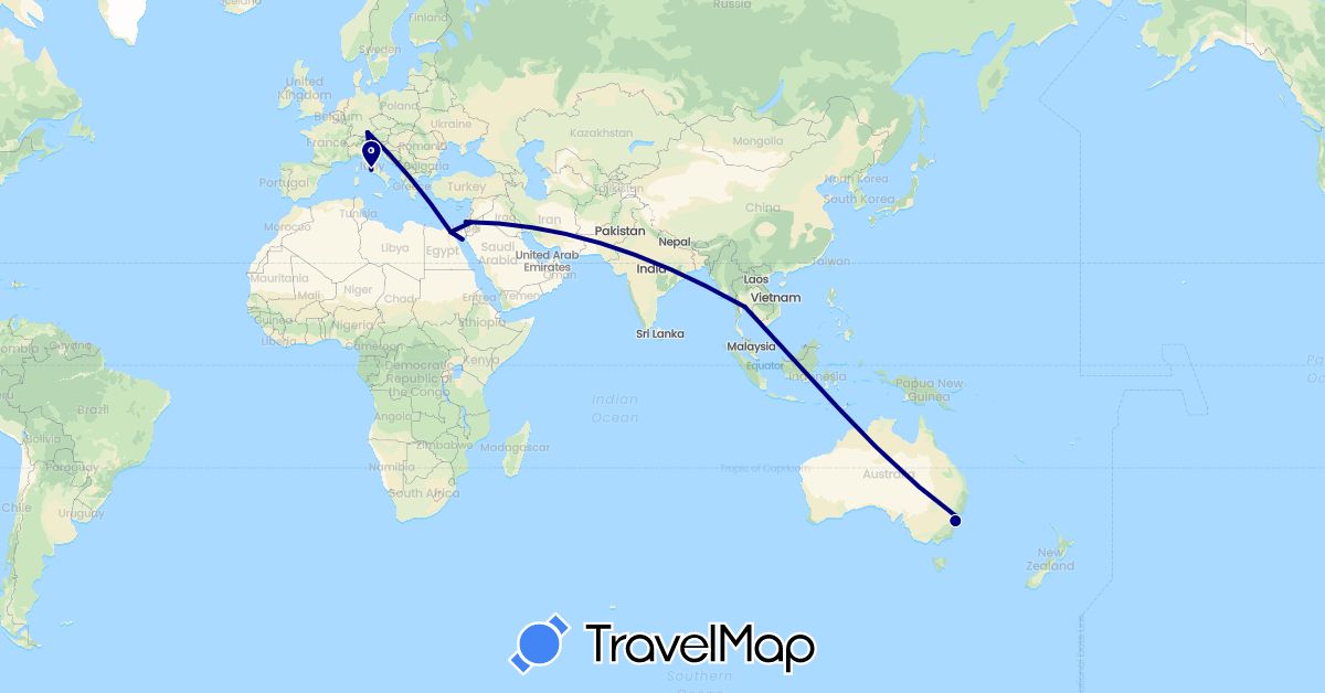 TravelMap itinerary: driving in Australia, Germany, Egypt, Israel, Italy, Jordan, Thailand (Africa, Asia, Europe, Oceania)